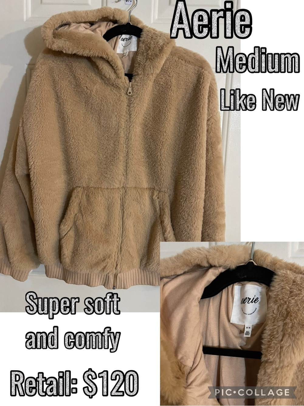 aerie Plush Hooded Teddy Jacket in Tan